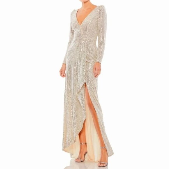 NEW IEENA Mac Duggal Sequin Evening Gown Dress Size 10 Silver Long Sleeve 26395 - Picture 5 of 8